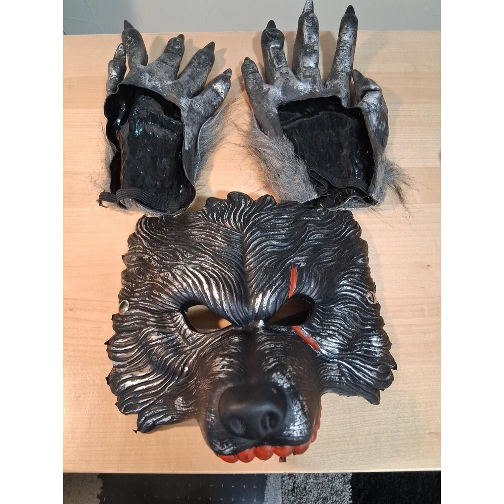 Werewolf Wolf Mask Claw Gloves Halloween Costume Set Gray Black Horror Cosplay